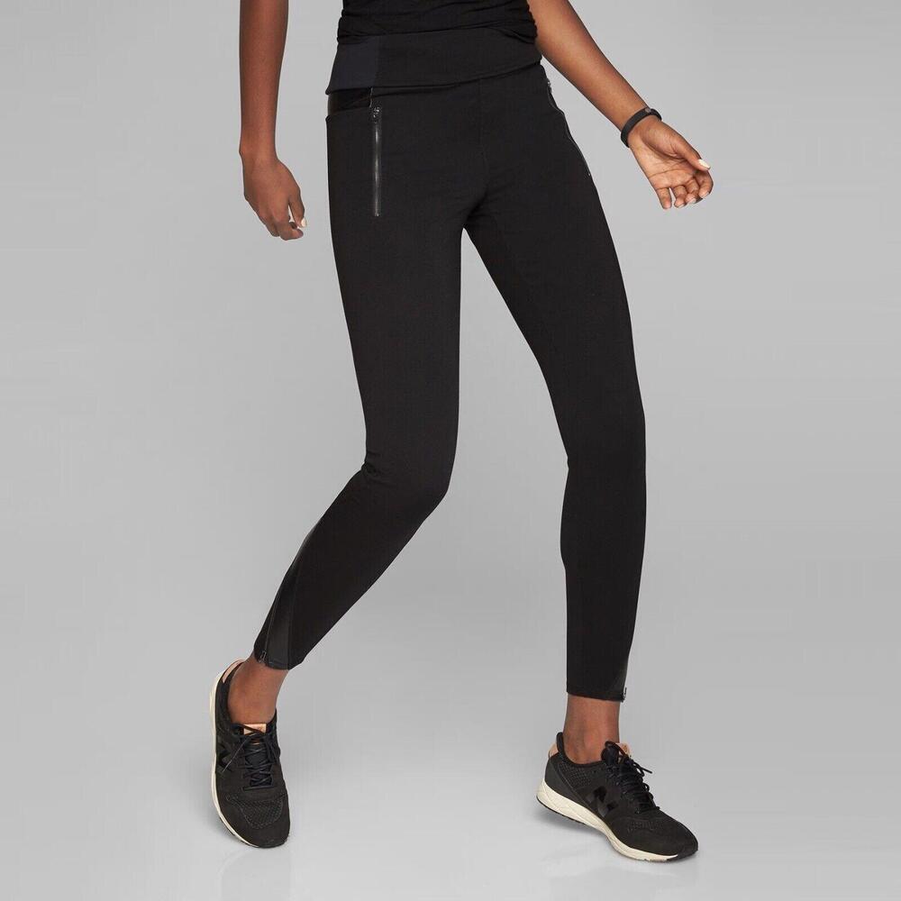 Athleta Womens Luxe Ponte Leggings Pants Black Faux Leather Zip Moto Leggings XS - Picture 1 of 6